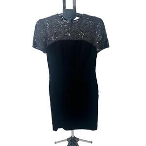 Talbots‎ Black Beaded Sequined Short Sleeve Velvet Vintage Mini Dress Size 2P